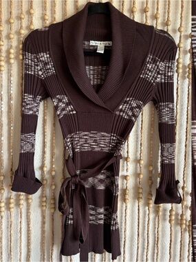 Y2K Brown White Striped Ribbed V Neck Stretch Twee Waist Tie Long Sleeve Sweater